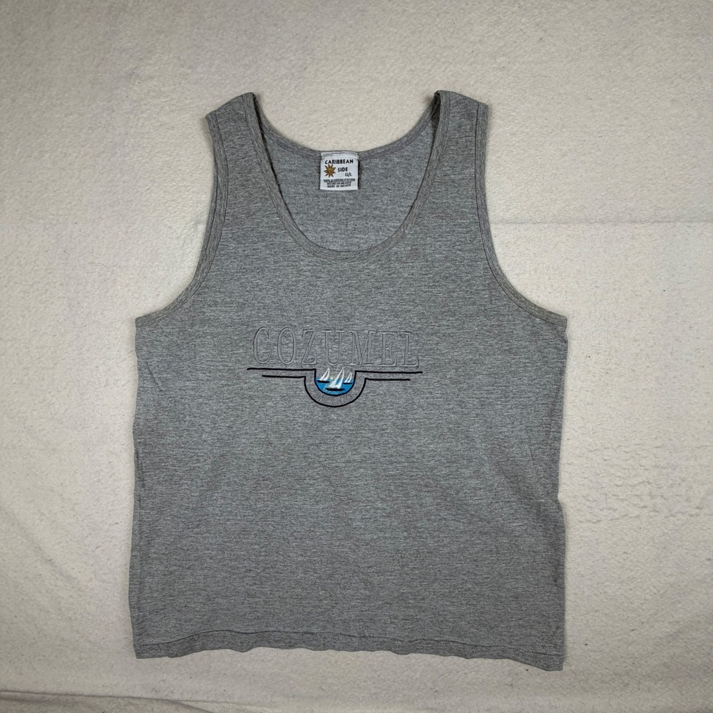 Caribbean Side Cozumel Mexico Tank Top Mens Large Gray Embroidered Sailboat